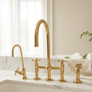 Unlacquered Brass Kitchen Bridge Faucet with Side Sprayer - Moroccan Handcrafted