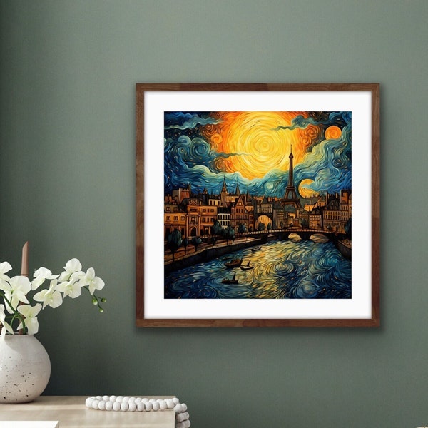 Van Gogh Style Paris Skyline Impressionist Artwork Eiffel Tower Seine River | Cityscape | Download