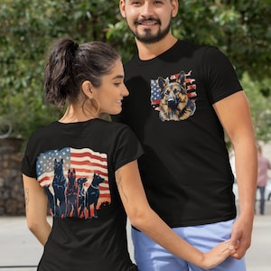 2-sided Unisex Dog Lover Patriot Tee: German Shepherd Dad Gift - Unisex Festive 4th of July Shirt - Police Appreciation Short Sleeve Tee