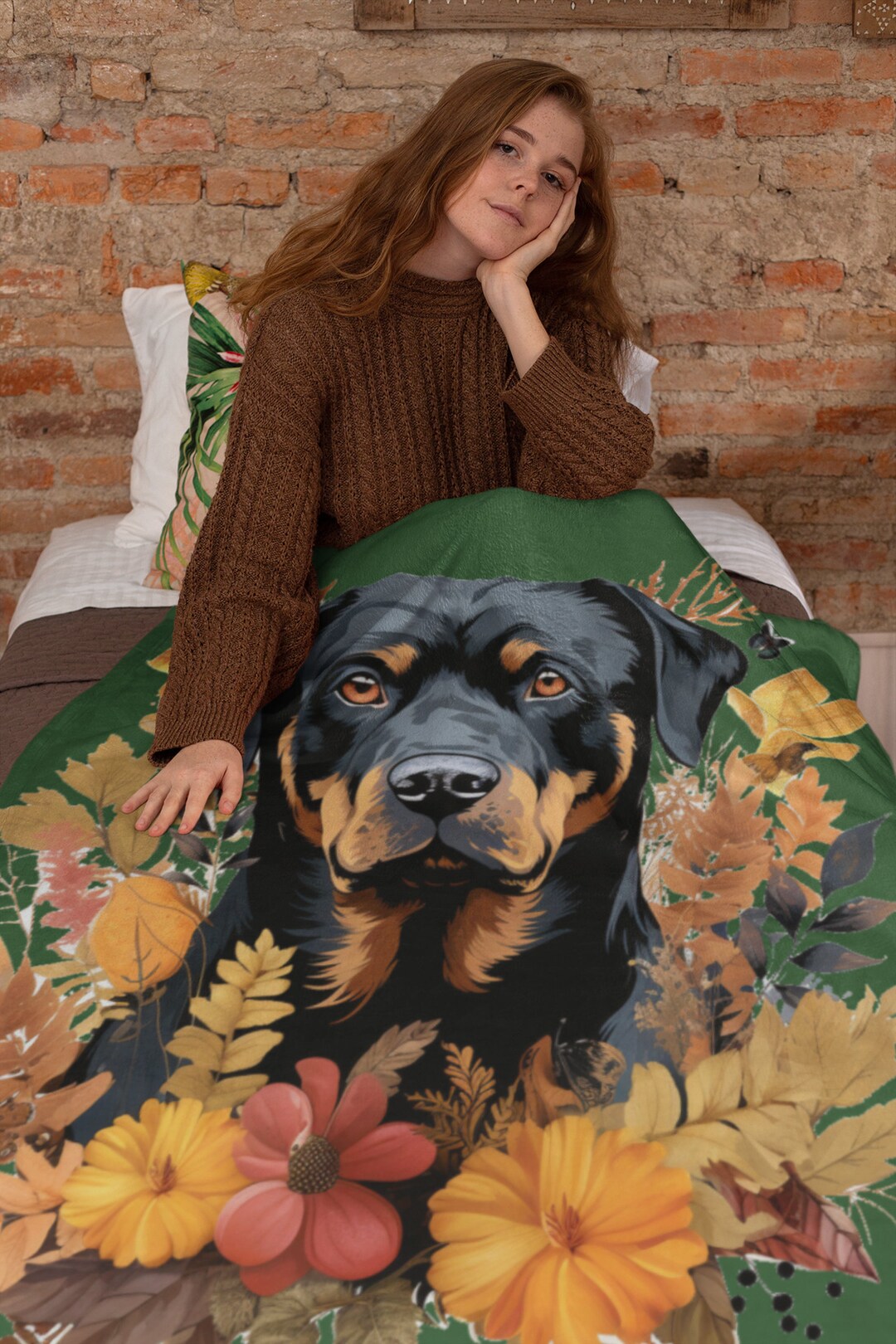 Rottweiler Fall Blanket Green Fall Decor Throw Dog Lover Fall Comfy