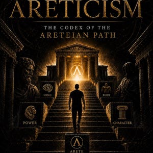 Puede incluir: Una portada de libro titulada NEO-ARETICISM THE CODEX OF THE ARETEIAN PATH por Alejandro Fernandez. Muestra a una persona subiendo escaleras de piedra hacia un templo brillante, flanqueada por estatuas y bloques etiquetados Mind, Body, Power, Character.