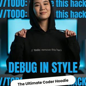May include: Black hoodie with the text "// todo: remove this hack" and "DEBUG IN STYLE". The hoodie also has the text "The Ultimate Coder Hoodie". The background has the text "//TODO: remove this hack" in blue.