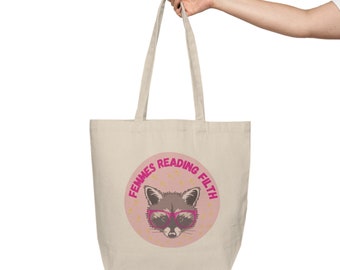 Bolso de lona con estampado de mapache leyendo