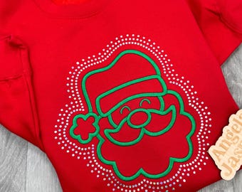 Embroidered Santa Christmas Sweatshirt, Bling Holiday Sweater, Sparkly Christmas Shirt, Festive Crewneck for Women