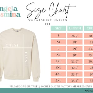 May include: A cream-colored unisex sweatshirt with a size chart. The chart displays measurements in inches for chest and length, ranging from size small to 5XL. The text "Angela Jasmina" is at the top left.