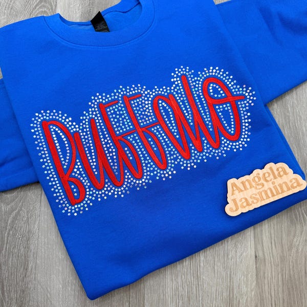 Embroidered Buffalo Sweatshirt, Custom Football Crewneck, Bills bling and embroidered shirt
