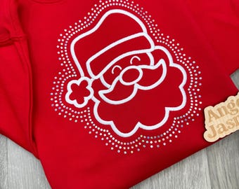 Embroidered Santa Christmas Sweatshirt, Bling Holiday Sweater, Sparkly Christmas Shirt, Festive Crewneck for Women
