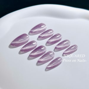 Candy Purple Cat Eye Almond Handmade Press On Nails 10pc