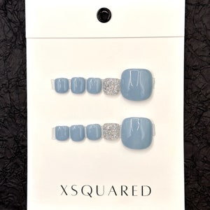 Press On Toe Nails Baby Blue and Silver Glitter Handmade Fake Toe Nails 10pc
