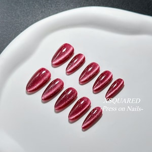 Red Cat Eye Press-On Nails – Elegant Wine Nail Set