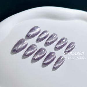 Galaxy Silver Purple Cat Eye Almond Handmade Press On Nails 10pc