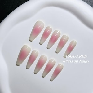 Handmade Long Coffin Peach Press On Nails Blush Pink Ombre Fake Nails 10pc