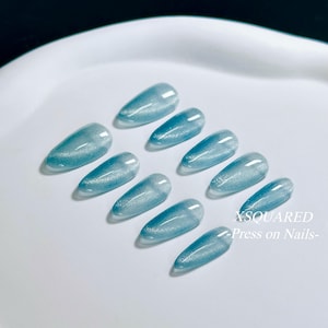Sky Blue Cat Eye Almond Handmade Press On Nails 10pc