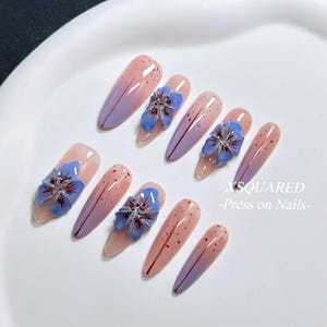 Purple Floral Press-On Nails | Ombre Pink and Purple with 3D Flowers | Long Almond Shape