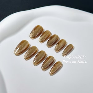 Gold Cat Eye Almond Handmade Press On Nails 10pc