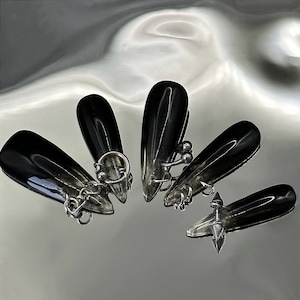 Luxury Pierced 3D Punk Black Press On Nails Long with Silver Nail Rings | Long Stiletto Shape
