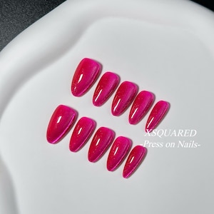 Hot Pink Cat Eye Almond Handmade Press On Nails-Sparkly Barbiecore Nail Set