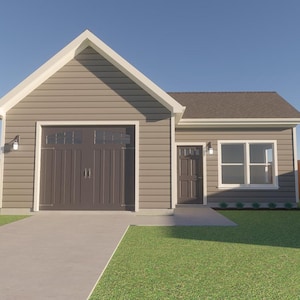 May include: A small, single-storey house with a brown exterior and a garage door. The house has white trim and a brown roof. There is a small garden in front of the house with green grass.