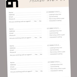 May include: A cream-colored sign-in sheet with a black house graphic in the upper left corner. The words "Please SIGN IN" are written in elegant script. The form includes fields for name, address, email, and phone number.