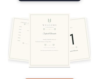 On the Day Wedding Bundle, Evergreen Botanical 5-Piece Day Of Stationery, Printable Signs, Programs, Menus, Fillable PDF Template