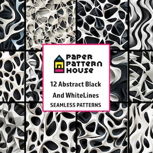 Conjunto de patrones de papel digital de geometría abstracta en blanco y negro, patrón maximalista, arte sin costuras, en blanco y negro, geometría 3D, uso comercial
