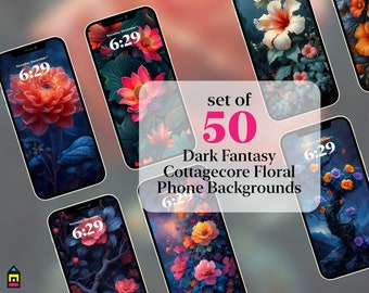 Dark Fantasy Floral Phone Wallpaper Bundle, Cottagecore Backgrounds (Set of 50) (Digital Download)