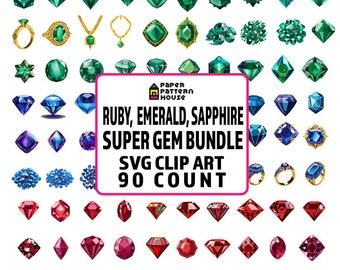 90 Gem Clipart SUPER Bundle, SVG Clipart, Ruby, Sapphire, Emerald, Vector Art, Commercial Use