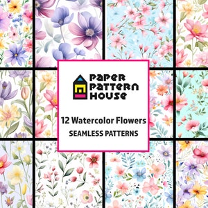 Watercolor Flowers Digital Pattern Set, Summer Pattern, Seamless Patterns, Floral Art, Colorful Flower Textures, Commercial Use
