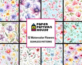 Watercolor Flower Pattern Set, Summer Floral Art, Seamless (Digital Download)