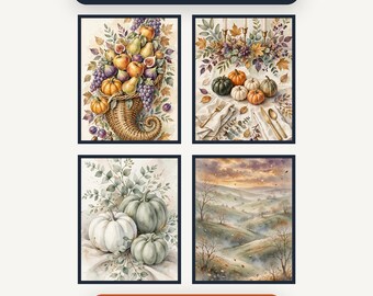 Thanksgiving Wall Art Set, 8 Printable Fall Decor Prints, Watercolor Autumn Art, Harvest Pumpkin Decor, Gallery Wall, Instant Download