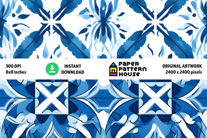 Op de afbeelding: Een naadloos patroon met een blauw en wit bloemenontwerp. Het patroon is ge&iuml;nspireerd op traditionele Portugese tegels. Het patroon is 2400 x 2400 pixels en is direct te downloaden.