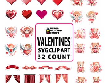 Valentine SVG Clipart Bundle, Cupid Hearts, Vector Art (32 Count)