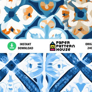 Op de afbeelding: Een naadloos patroon met een geometrisch ontwerp in blauw, wit en oranje. Het patroon doet denken aan traditionele Portugese tegels. De afbeelding is 2400 x 2400 pixels groot en is direct te downloaden.