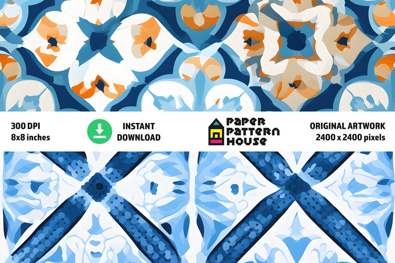 Op de afbeelding: Een naadloos patroon met een geometrisch ontwerp in blauw, wit en oranje. Het patroon doet denken aan traditionele Portugese tegels. De afbeelding is 2400 x 2400 pixels groot en is direct te downloaden.