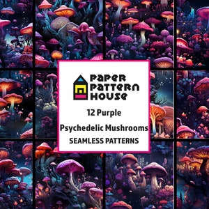 May include: A set of 12 seamless patterns featuring psychedelic purple mushrooms in a dark forest setting. The patterns are perfect for creating unique and whimsical designs for fabric, wallpaper, and other creative projects.