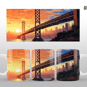 Golden Gate Bridge San Francisco Mug Designs Mug Wraps 11-15oz Mugs Sublimation Designs Mug Template Coffee Mug Designs, Plantilla taza café