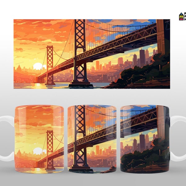 Golden Gate Bridge San Francisco Mug Designs Mug Wraps 11-15oz Mugs Sublimation Designs Mug Template Coffee Mug Designs, Plantilla taza café