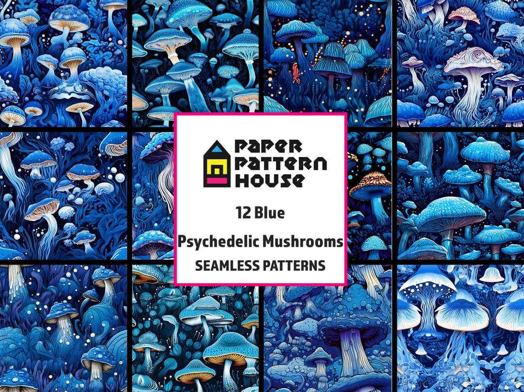 12 Blue Psychedelic Mushrooms Digital Paper Set: Seamless Artistic ...