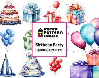 Watercolor Birthday Party Clipart Bundle, Balloons, Cake (Digital Download)