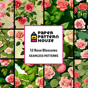 Rose Blossom Digital Paper Set, Rose Pattern Bundle, Floral Roses, Seamless Backgrounds, Commercial Use