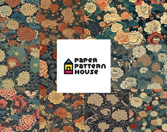 May include: A collage of nine floral patterns featuring various shades of blue, red, and yellow flowers on a dark background. The patterns are arranged in a grid with a white square in the center that says "Paper Pattern House".