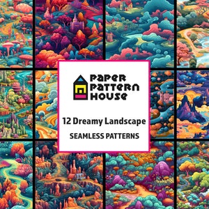Set di carta digitale per paesaggi da sogno, texture senza cuciture, motivi surreali, sfondi, motivi di pittura paesaggistica, uso commerciale