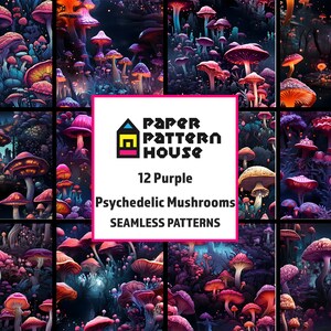 May include: Twelve seamless patterns featuring psychedelic purple mushrooms in a dark forest setting. The patterns are designed by Paper Pattern House.