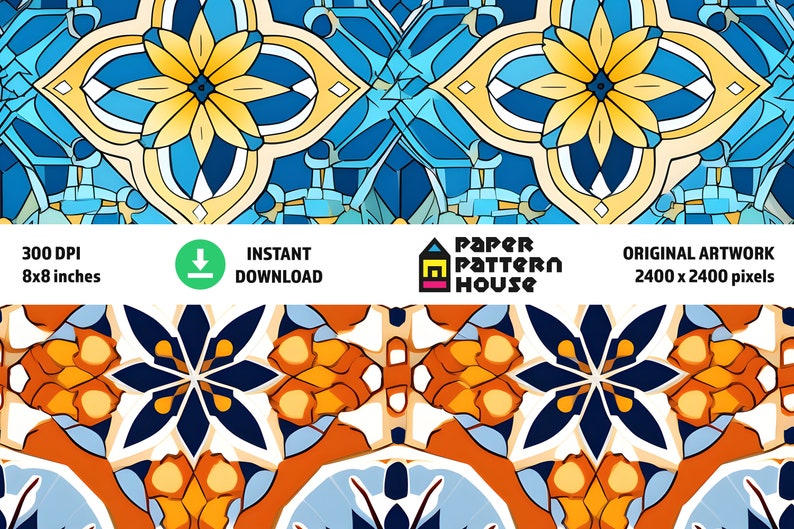 Op de afbeelding: Een naadloos patroon met een repeterend geometrisch ontwerp in de kleuren blauw, geel, oranje, wit en zwart. Het patroon doet denken aan traditioneel tegelwerk.