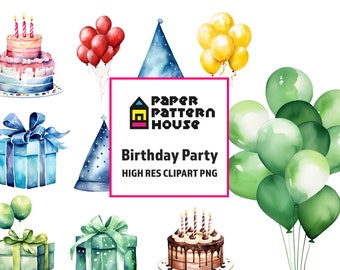 Watercolor Birthday Party Clipart Bundle (Digital Download)