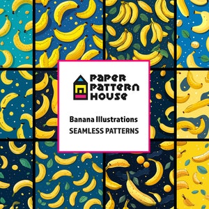 Bananen Muster Digital Paper Set, Nahtlose Bananen Texturen, Obst Muster, Hintergründe, Bananenfrucht, Kommerzielle Nutzung