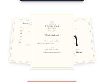 On the Day Wedding Bundle, Gold Modern Minimalist 5-Piece Day Of Stationery, Printable Signs, Programs, Menus, Fillable PDF Template