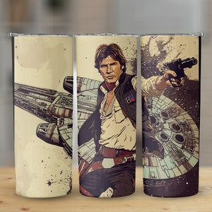 May include: Three stainless steel tumblers featuring a vintage-style illustration of Han Solo from Star Wars. The centre tumbler shows Han Solo holding a blaster and standing in front of the Millennium Falcon. The left and right tumblers depict the Millennium Falcon flying through space.