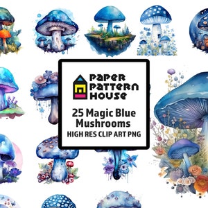 Pacote de clipart de cogumelo mágico em aquarela, PNG aquarela azul, PNG de cogumelo, uso comercial