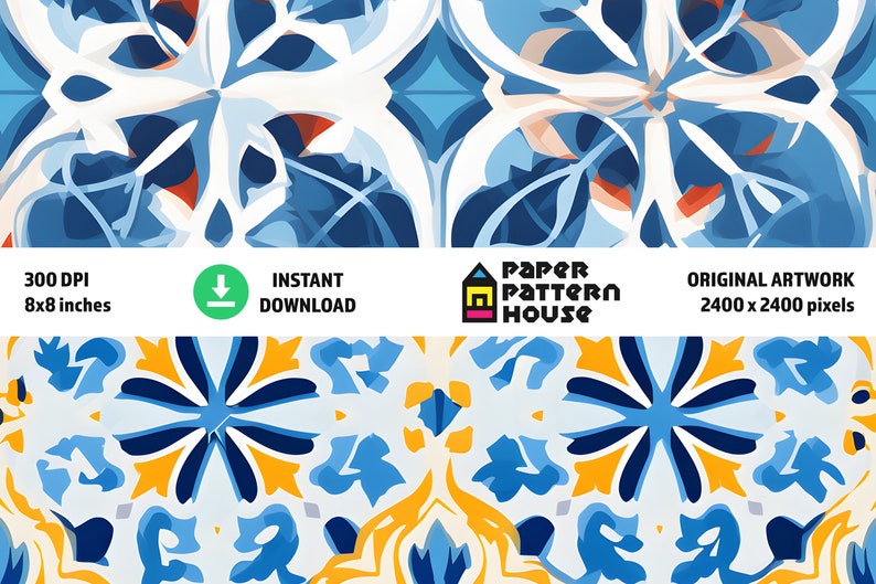 Op de afbeelding: Een naadloos patroon met een herhalend ontwerp van blauwe, witte, gele en oranje bloemmotieven. Het patroon doet denken aan traditionele Portugese tegelwerk.